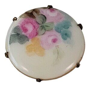 Victorian Porcelain Hand Painted Flower Designs Round C-Clasp Pin L194